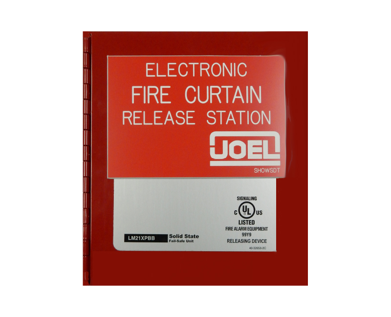 Electronic fire curtain release station